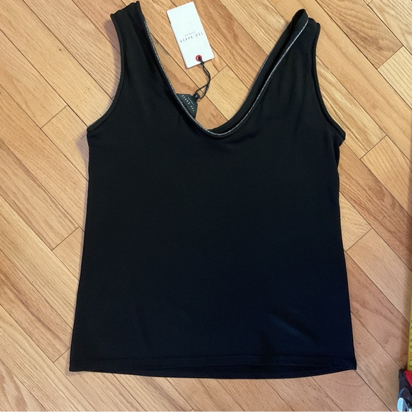 New - Ted Baker Shavon V Neck Tank Top Black with Silver Stitching - Picture 16 of 16